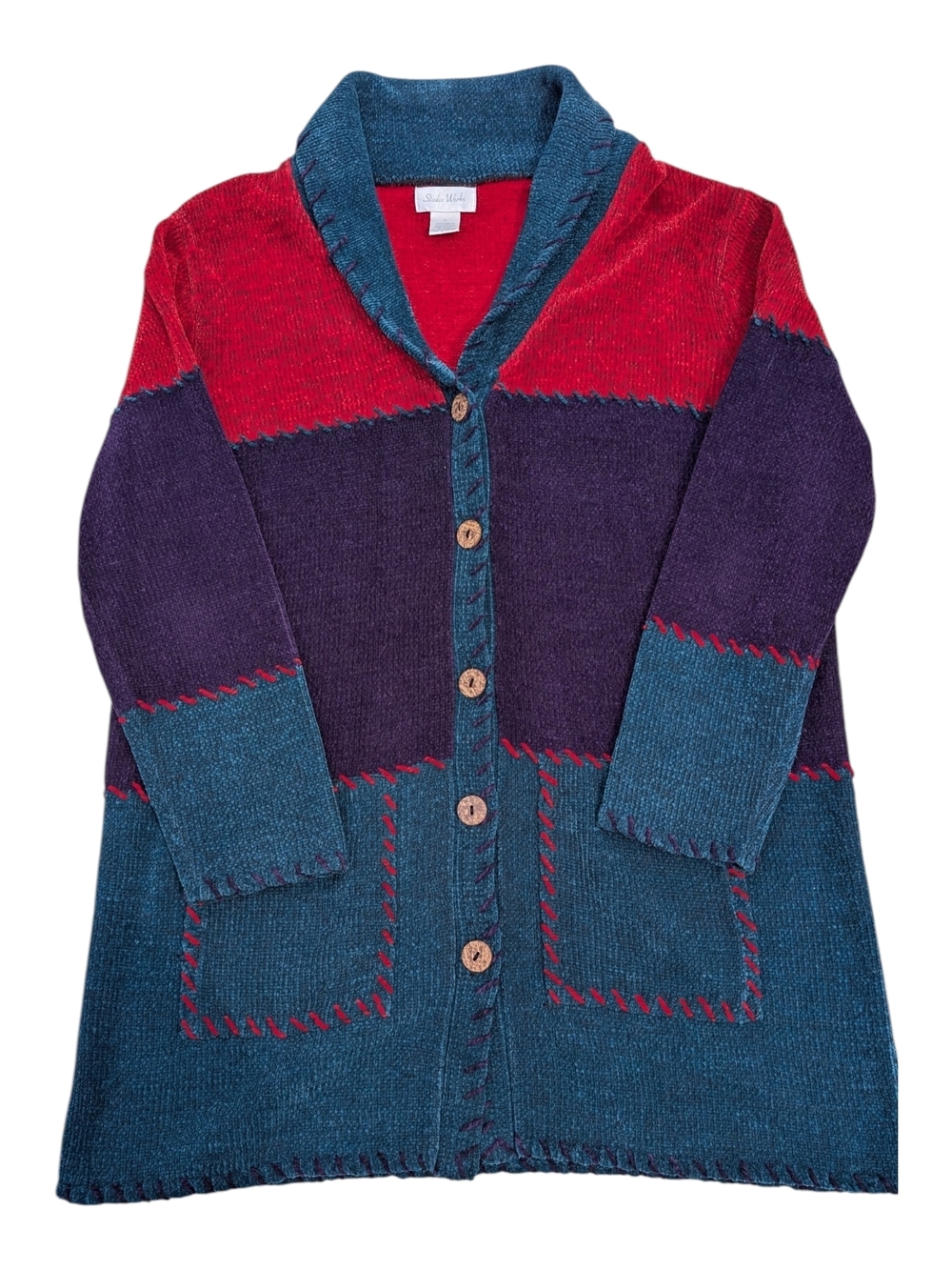 Vintage 90s Color Block Grandmacore Cardigan Sweater L Whipstitch